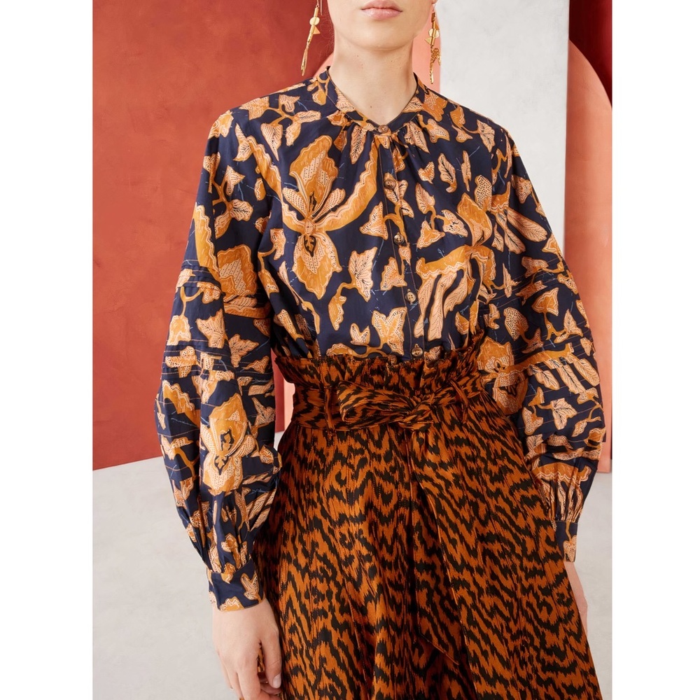 Ulla Johnson Navy and Orange Floral Long-Sleeve Blouse